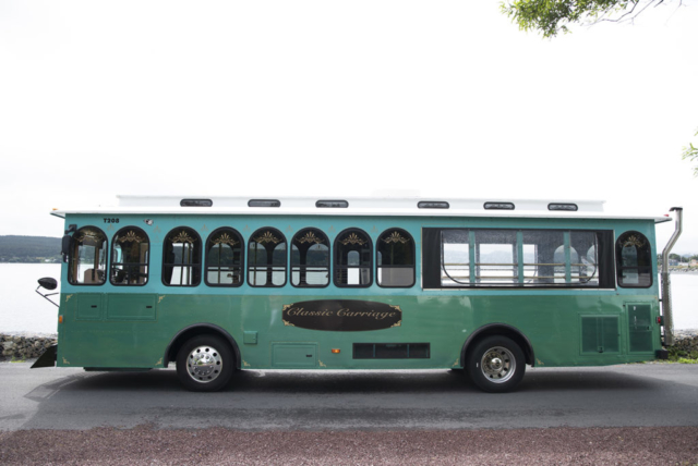 Classic Carriage green trolley, Tour Bus NL, Bus Transportation Newfoundland, St. John's tours